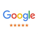Google logo with five gold stars rating, indicating Serenity Dental's excellent customer reviews.